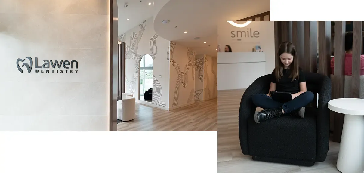 Collage of Photographs from Lawen Dentistry Mumford Road reception area with child playing on tablet in the lobby 