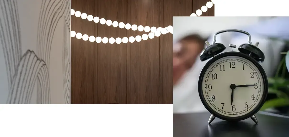 Collage of soothing lights and alarm clock