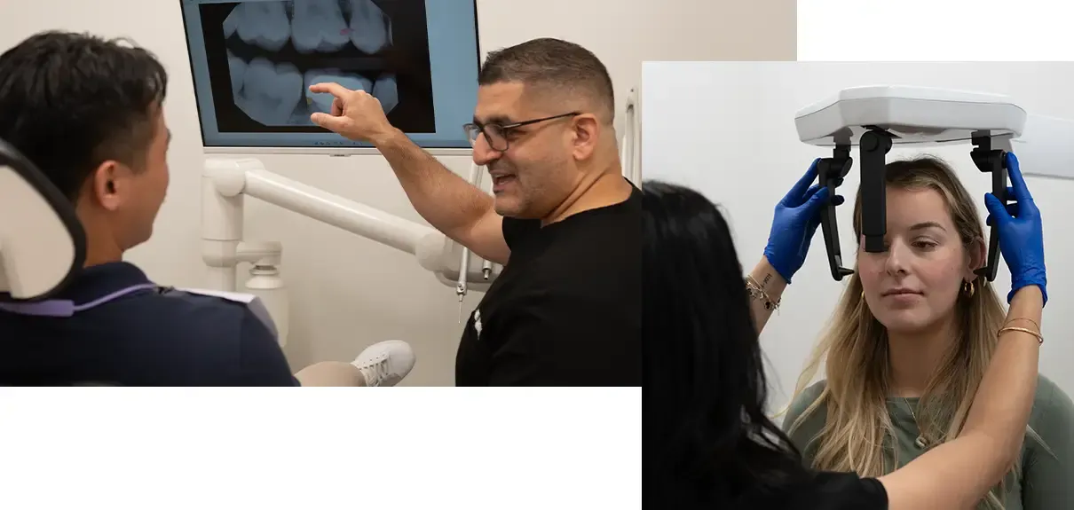 Collage of Dr Daniel Lawen discussing wisdom teeth with patient and another patient receiving a dental scan